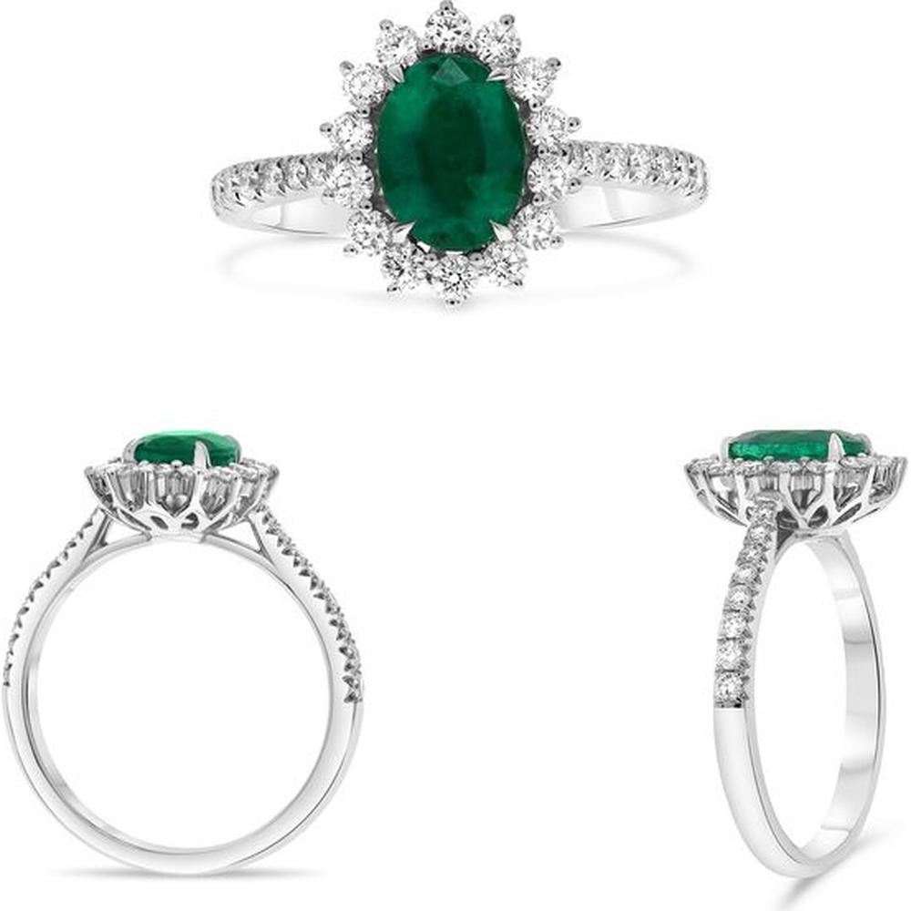 Roman & Jules - 18K White Gold Oval Emerald Halo Ring with Round Diamonds - 1.76 Carat Total Weight