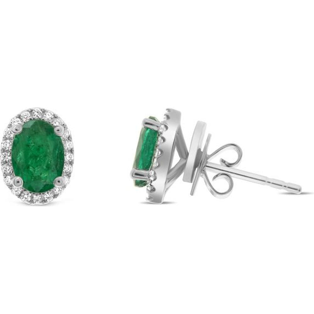 Roman & Jules - 18K White Gold Oval Emerald Halo Stud Earrings with Round Diamond Accent - 2.00 Carat Total Emerald Weight
