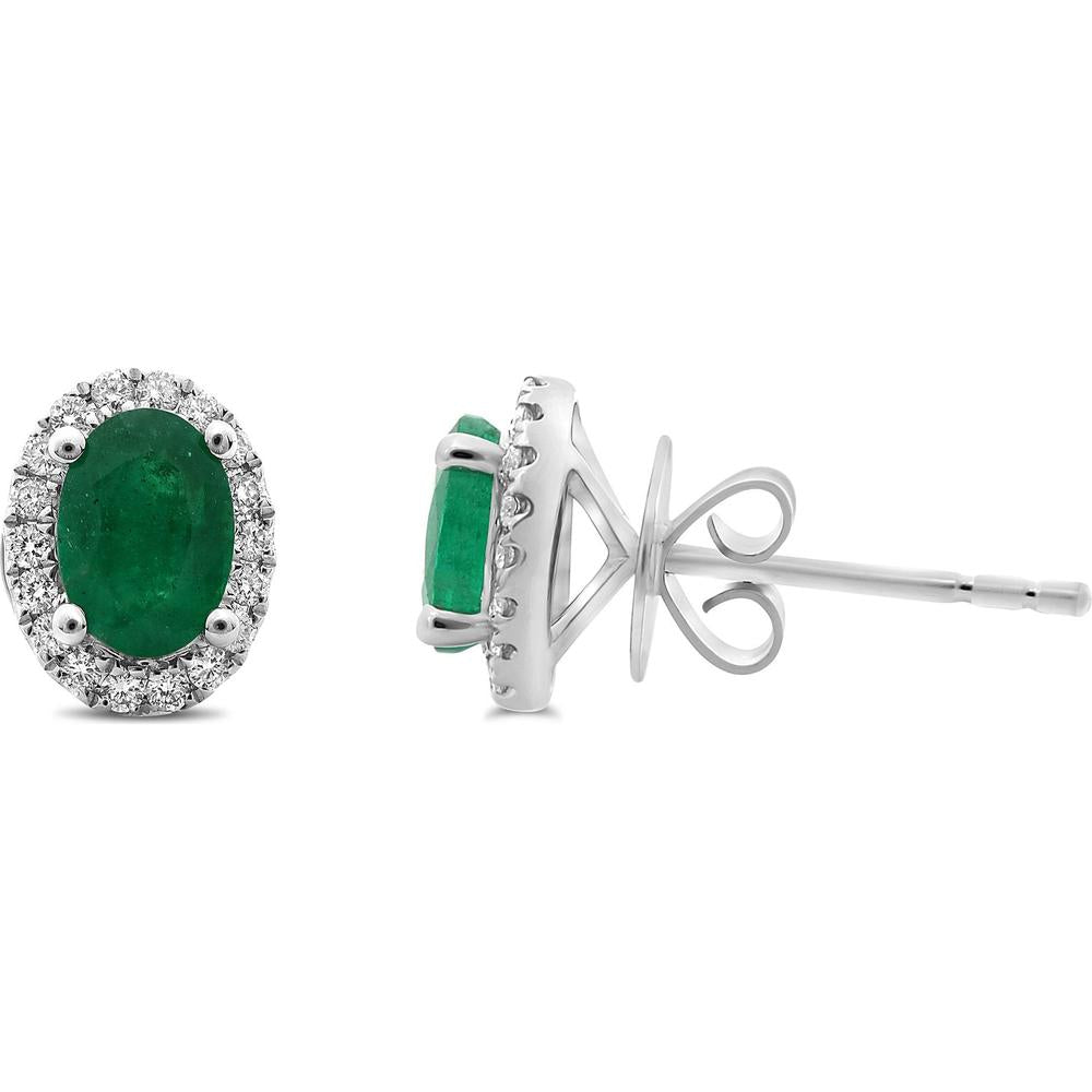 Roman & Jules - 18K White Gold Oval Emerald Halo Stud Earrings with Round Diamonds - 0.95 Carat Total Emerald Weight