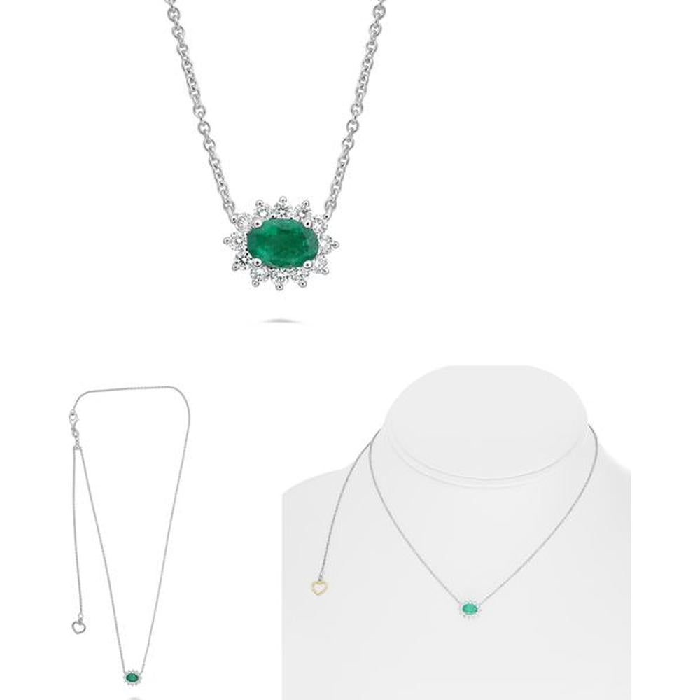 Roman & Jules - 18K White Gold Oval Emerald Necklace with Diamond Halo - 0.40 Carat Emerald, 0.20 Carat Total Diamond Weight