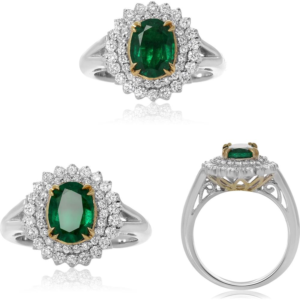 Roman & Jules - 18K White Gold Oval Emerald Ring with Diamond Halo - 1.37 Carat Emerald, 0.51 Carat Total Diamond Weight