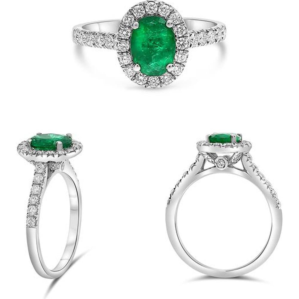 Roman & Jules - 18K White Gold Oval Emerald Ring with Halo of Round Diamonds - 1.01 Carat Emerald, 0.56 Carat Diamonds