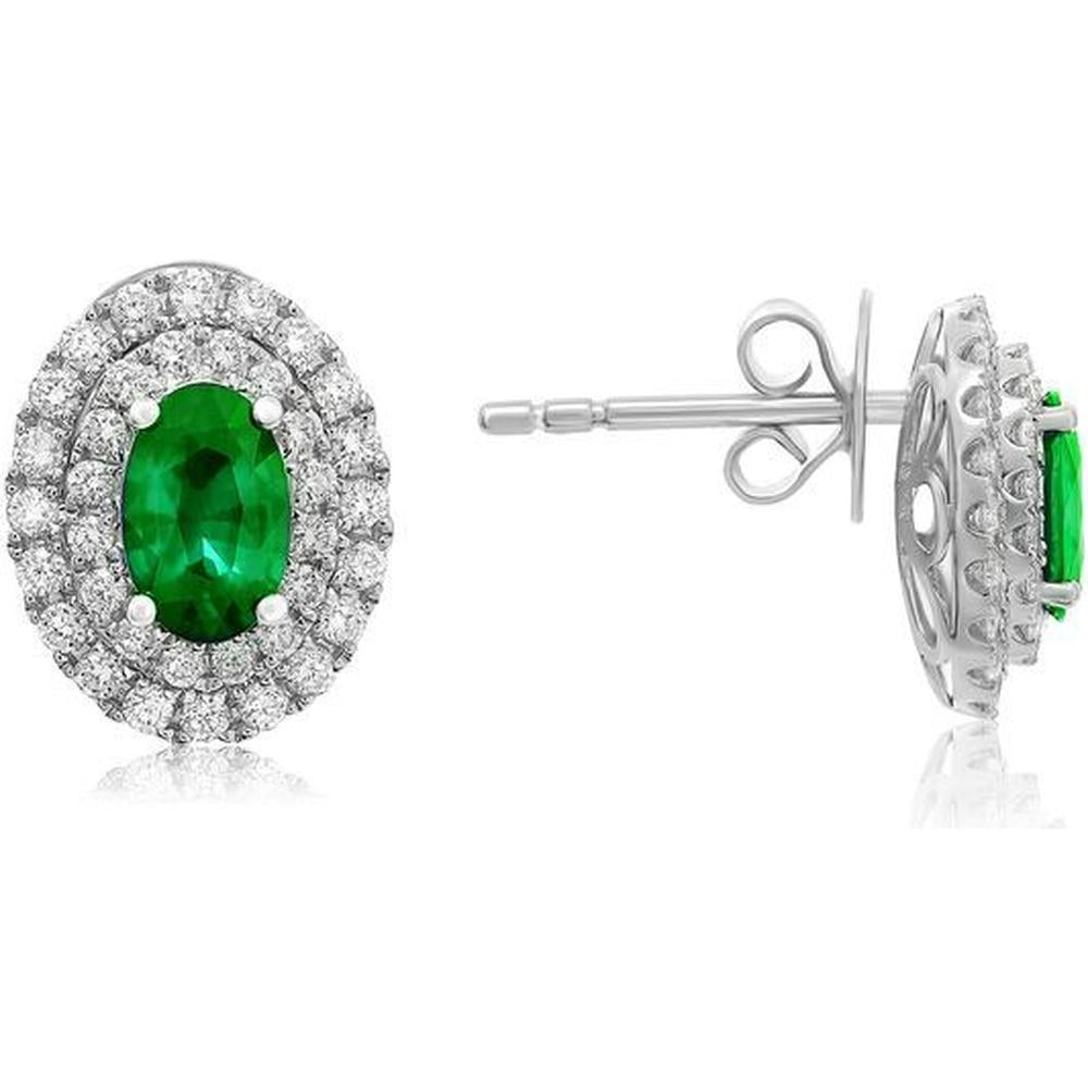 Roman & Jules - 18K White Gold Oval Emerald Stud Earrings with Round Diamond Halo - 1.26 Carat Total Emerald and Diamond Weight