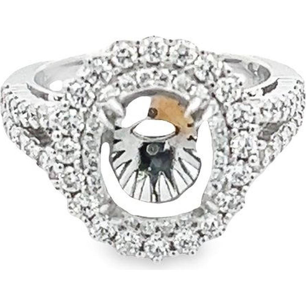 Roman & Jules - 18K White Gold Oval Halo Diamond Ring with Double-Prong Set Round Diamond - 1.12 Carat Total Diamond Weight