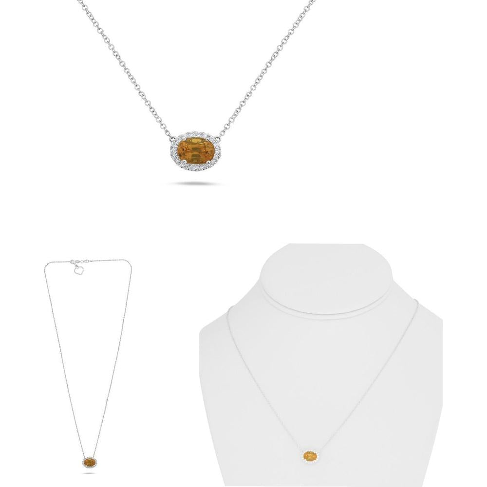 Roman & Jules - 18K White Gold Oval Orange Sapphire Necklace with Diamond Halo - 1.88 Carat Total Gem Weight