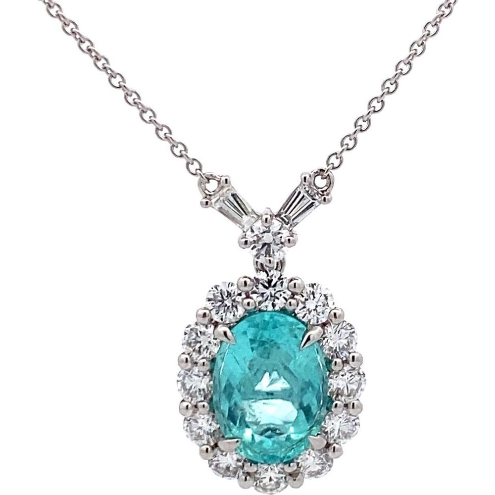 Roman & Jules - 18K White Gold Oval Paraiba Tourmaline Necklace with Round and Baguette Diamonds - 2.38 Carat Total Paraiba Tourmaline Weight