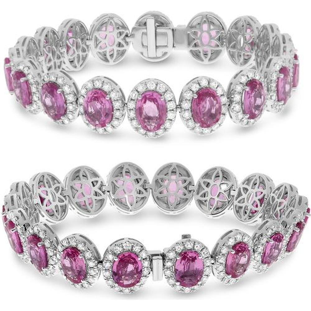 Roman & Jules - 18K White Gold Oval Pink Sapphire Bracelet with Diamond Halo - 24.14 Carat Total Gem Weight