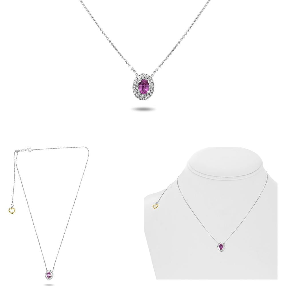 Roman & Jules - 18K White Gold Oval Pink Sapphire Double Halo Necklace with Round Diamonds - 0.22 Carat Total Diamond Weight