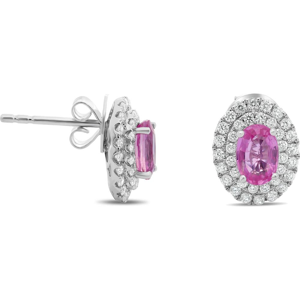 Roman & Jules - 18K White Gold Oval Pink Sapphire Double Halo Stud Earrings with Round Diamonds - 1.00 Carat Total Pink Sapphire Weight, 0.46 Carat Total Diamond Weight