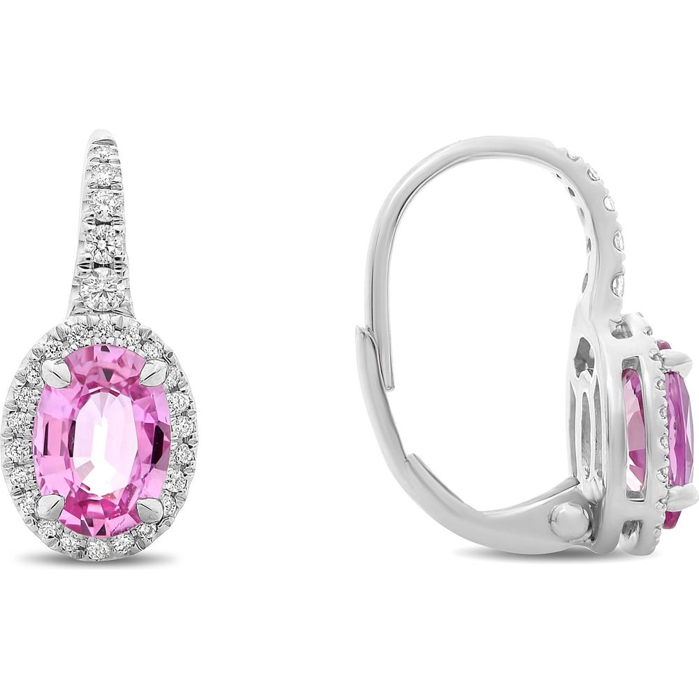 Roman & Jules - 18K White Gold Oval Pink Sapphire Earrings with Halo Round Diamonds - 2.00 Carat Total Sapphire Weight
