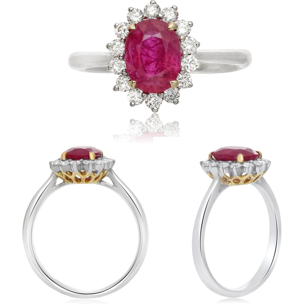 Roman & Jules - 18K White Gold Oval Pink Sapphire Halo Ring with Round Diamond Halo - 0.28 Carat Total Diamond Weight