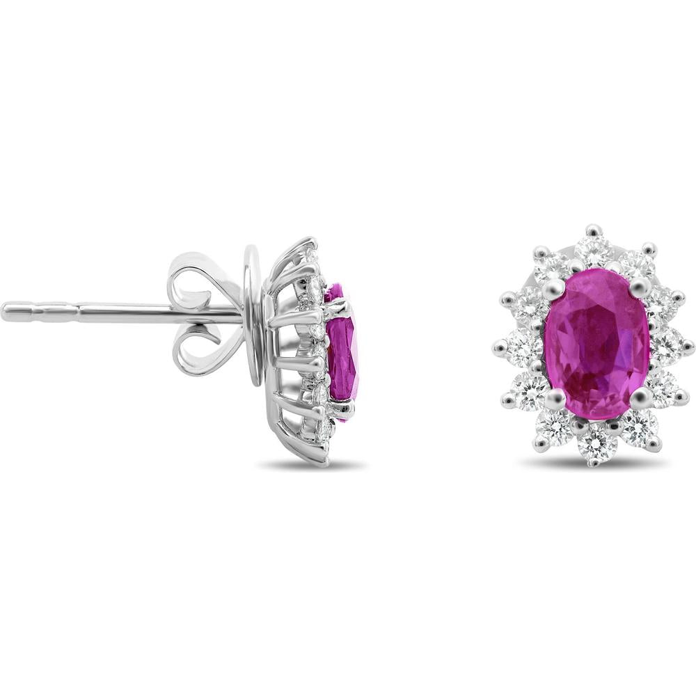 Roman & Jules - 18K White Gold Oval Pink Sapphire Halo Stud Earrings with Round Diamonds - 1.00 Carat Total Gem Weight