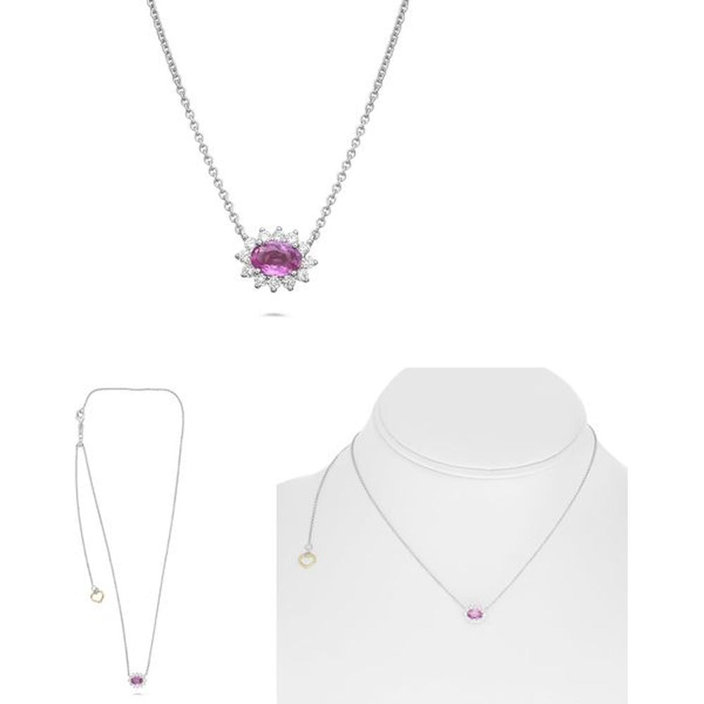 Roman & Jules - 18K White Gold Oval Pink Sapphire Necklace with Diamond Halo - 0.50 Carat Total Diamond Weight