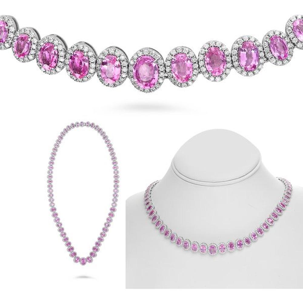 Roman & Jules - 18K White Gold Oval Pink Sapphire Necklace with Diamond Halo - 25.69 Carat Total Sapphire Weight