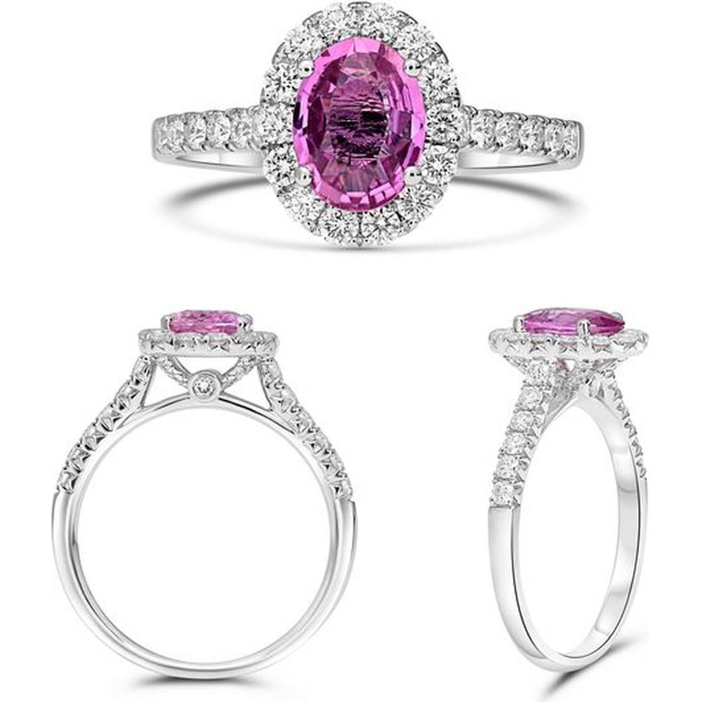 Roman & Jules - 18K White Gold Oval Pink Sapphire Ring with Diamond Halo - 0.61 Carat Total Diamond Weight