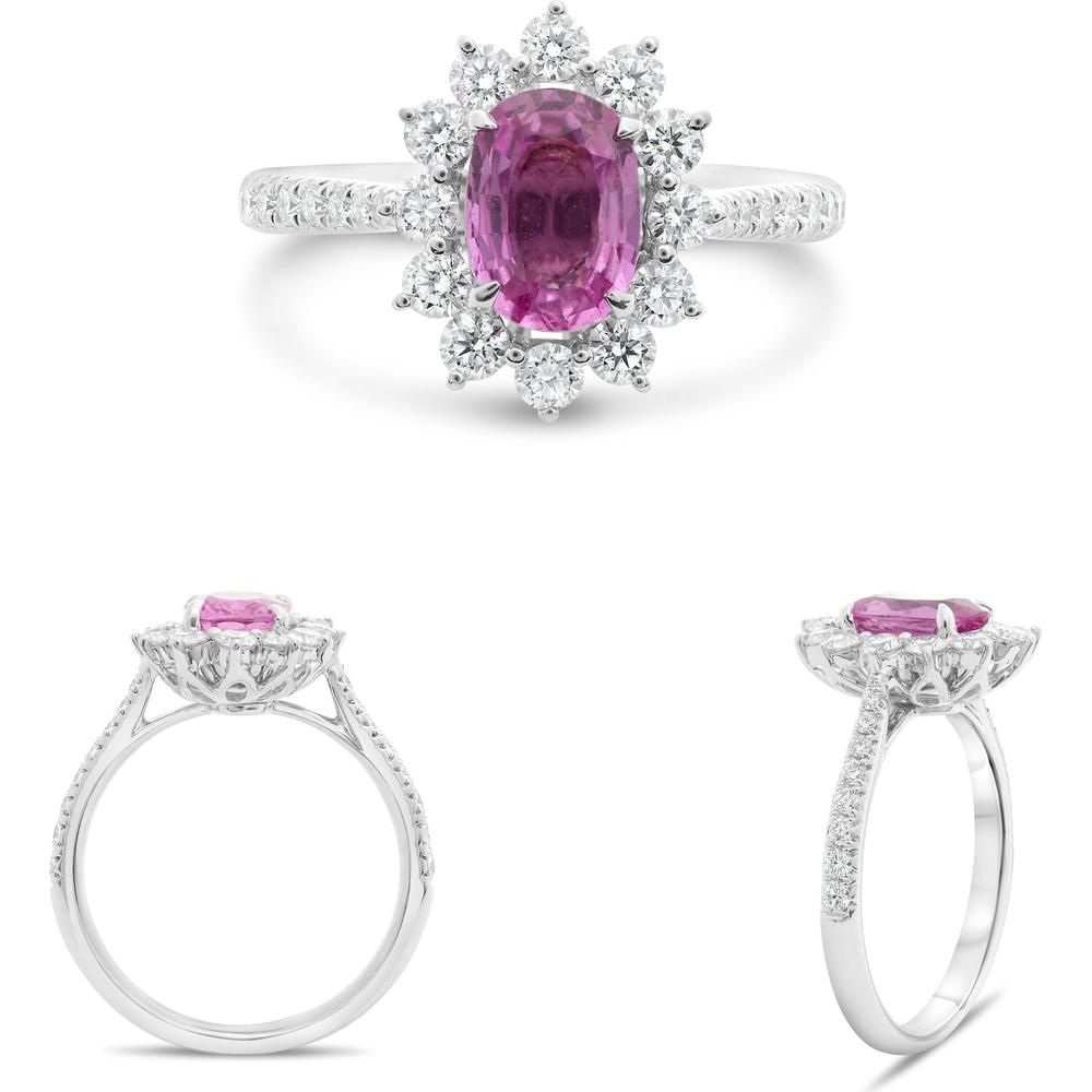 Roman & Jules - 18K White Gold Oval Pink Sapphire Ring with Round Diamond Halo - 0.78 Carat Diamond Weight