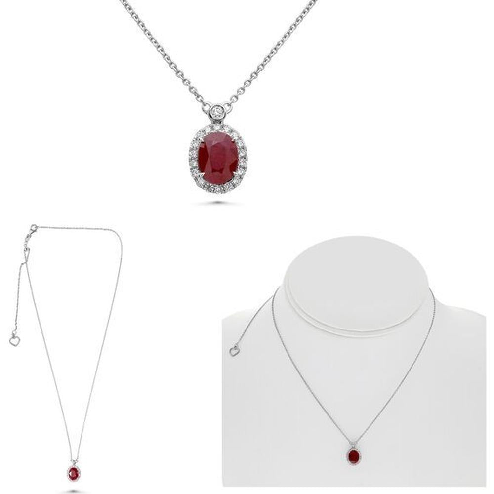 Roman & Jules - 18K White Gold Oval Purple Sapphire and Round Diamond Halo Necklace - 0.23 Carat Total Diamond Weight