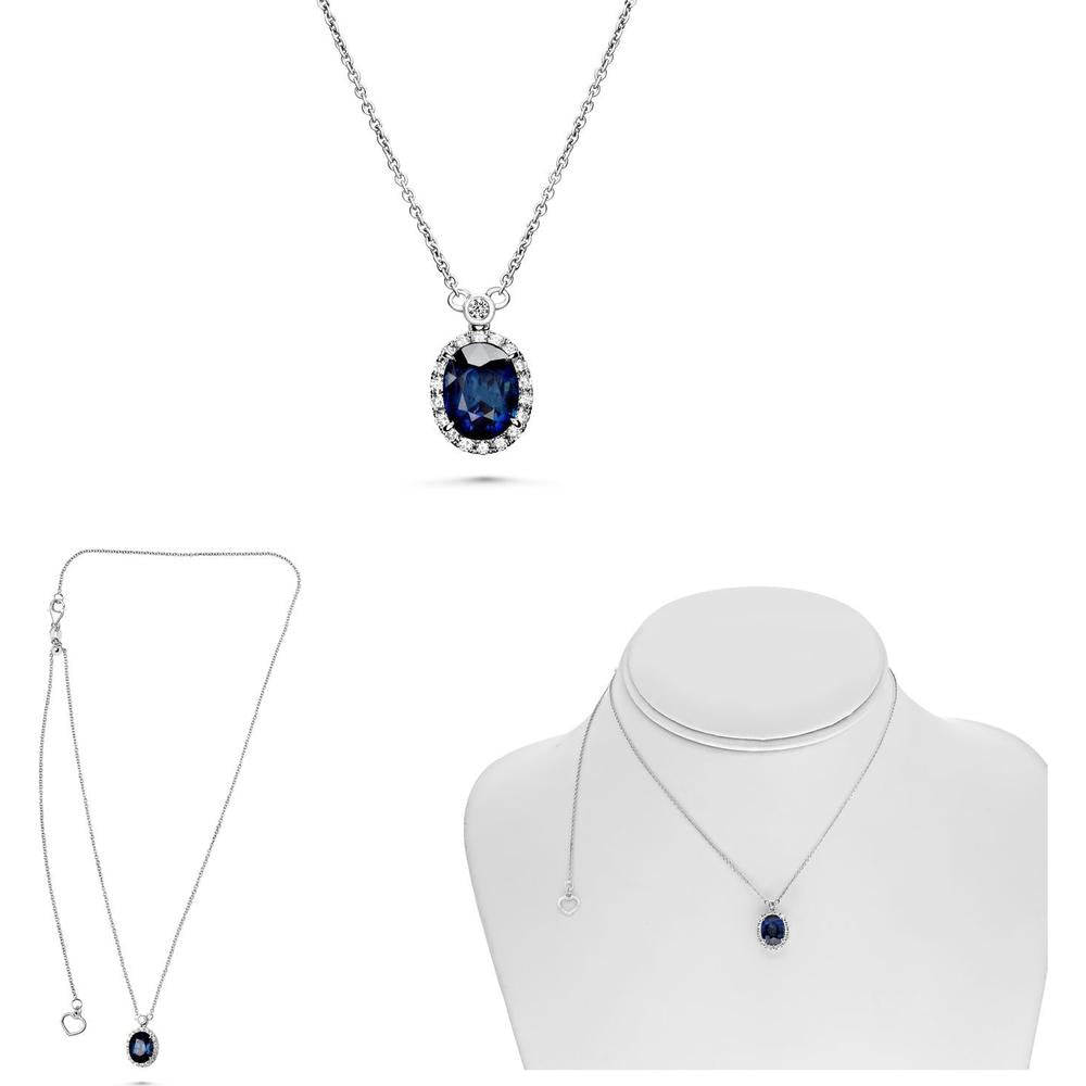 Roman & Jules - 18K White Gold Oval Purple Sapphire Halo Necklace with Round Diamonds - 2.04 Carat Sapphire, 0.23 Carat Diamond Weight