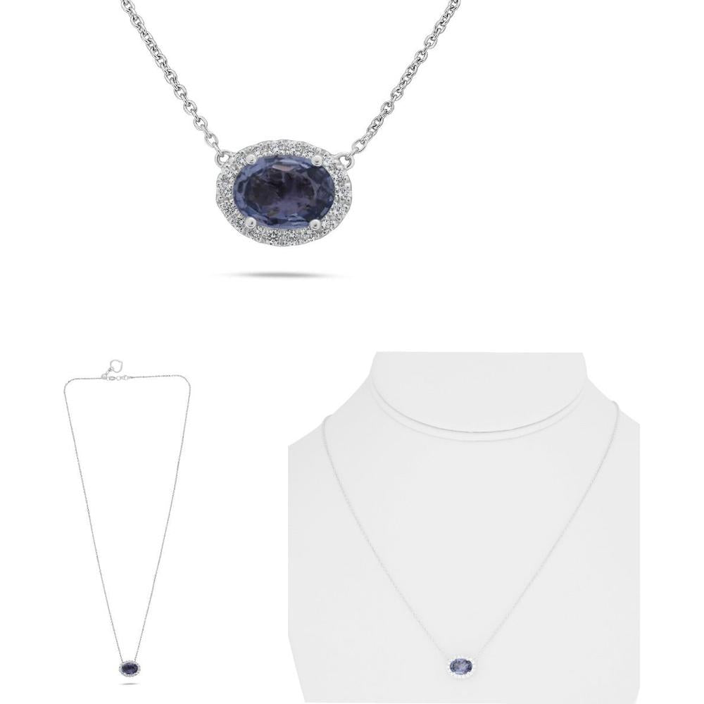 Roman & Jules - 18K White Gold Oval Purple Sapphire Necklace with Diamond Halo - 1.30 Carat Total Gem Weight