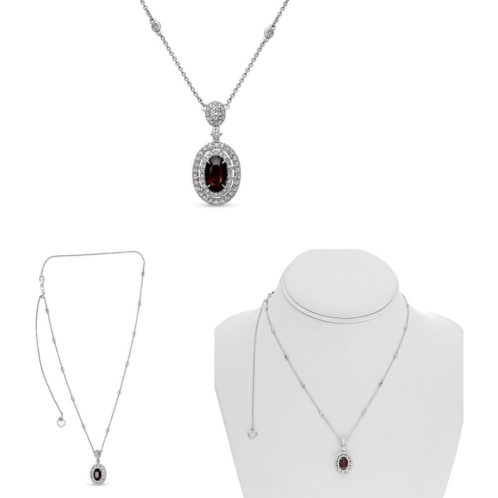 Roman & Jules - 18K White Gold Oval Ruby and Diamond Double Halo Necklace - 2.21 Carat Ruby, 0.70 Carat Round Diamonds