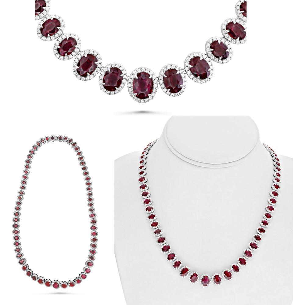 Roman & Jules - 18K White Gold Oval Ruby and Diamond Halo Necklace - 27.48 Carat Total Ruby Weight, 6.64 Carat Total Diamond Weight