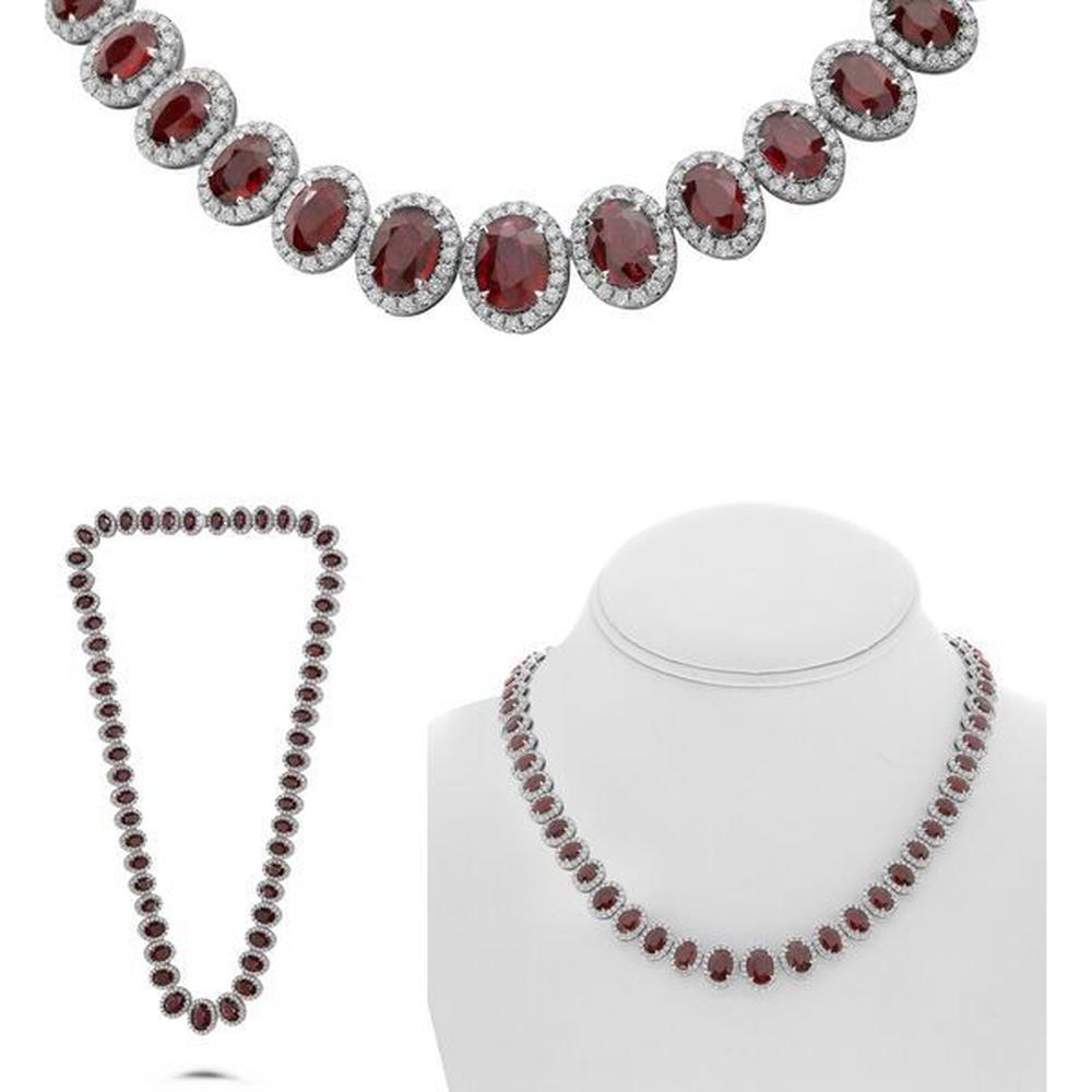 Roman & Jules - 18K White Gold Oval Ruby and Diamond Halo Necklace - 35.55 Carat Total Ruby Weight, 6.54 Carat Total Diamond Weight