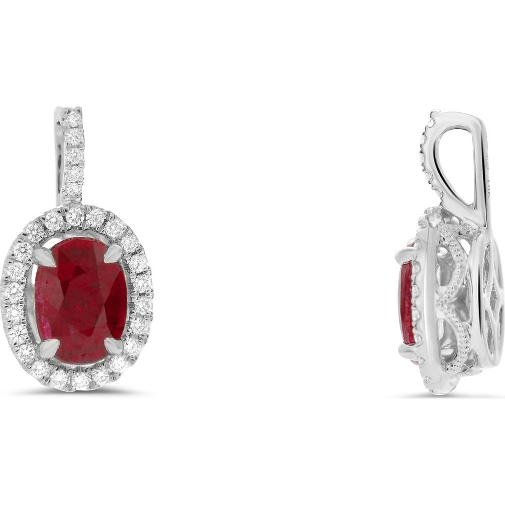 Roman & Jules - 18K White Gold Oval Ruby and Diamond Halo Pendant - 1.01 Carat Total Gemstone Weight