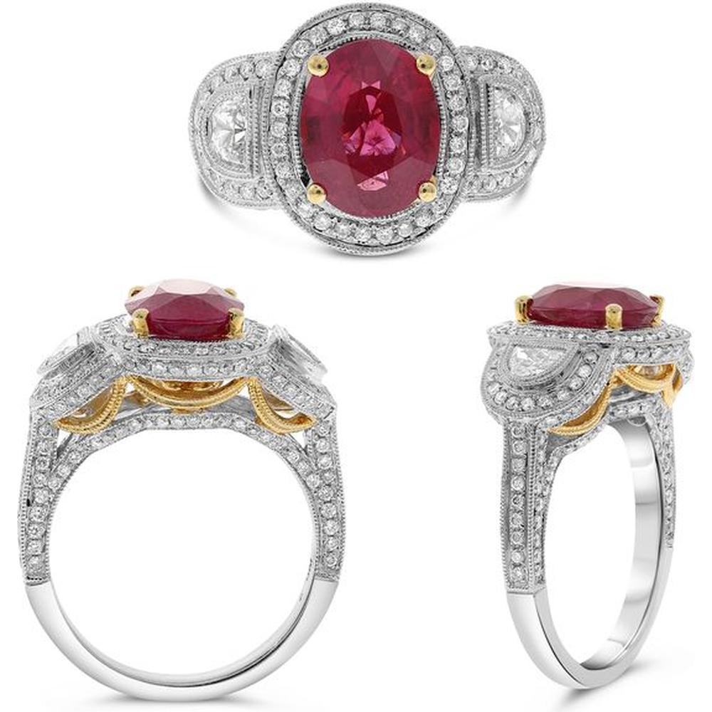 Roman & Jules - 18K White Gold Oval Ruby and Diamond Halo Ring with Yellow Gold Accents - 2.70 Carat Ruby, 0.80 Carat Total Diamond Weight