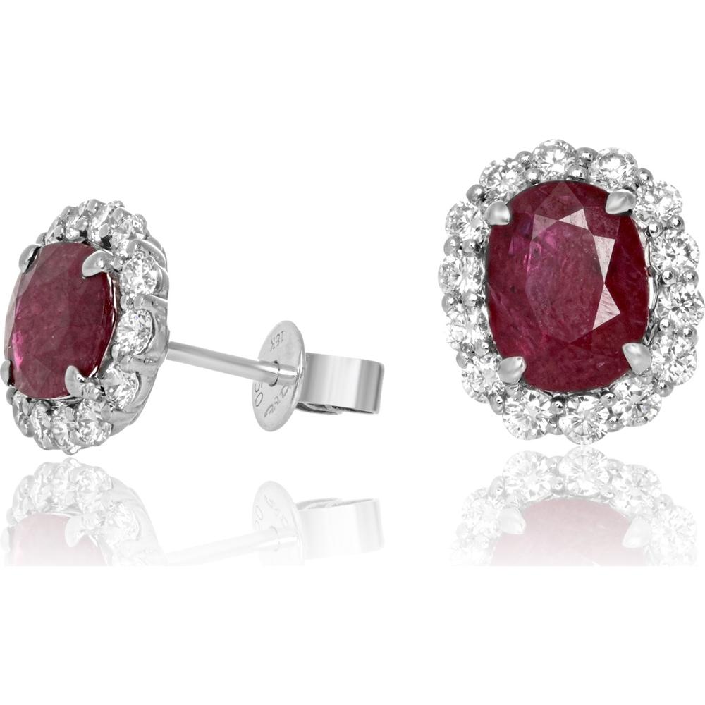 Roman & Jules - 18K White Gold Oval Ruby & Diamond Halo Stud Earrings - 3.94 Carat Total Ruby Weight, 1.04 Carat Total Diamond Weight
