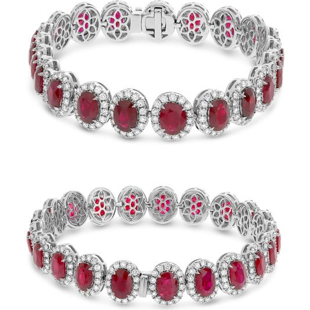 Roman & Jules - 18K White Gold Oval Ruby and Round Diamond Halo Bracelet - 4.32 Carat Total Diamond Weight