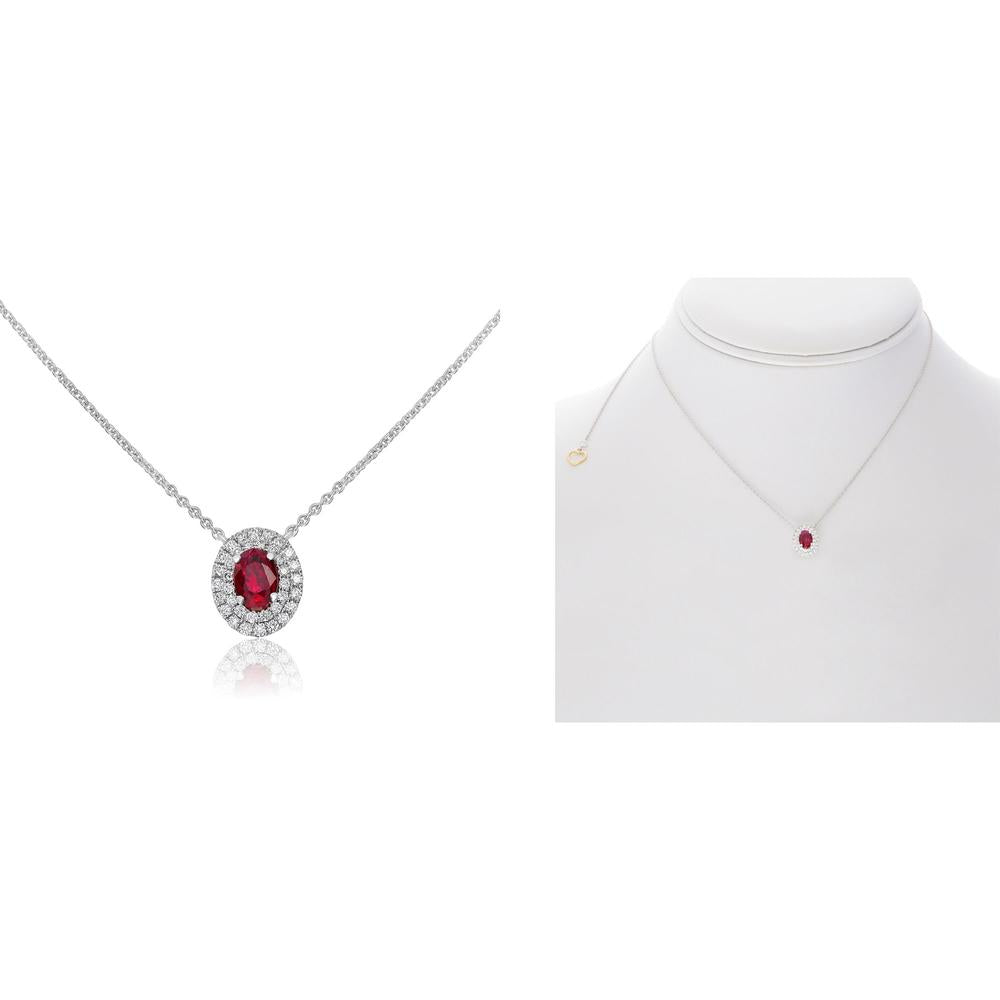 Roman & Jules - 18K White Gold Oval Ruby Double Halo Necklace with Round Diamonds - 0.23 Carat Total Diamond Weight