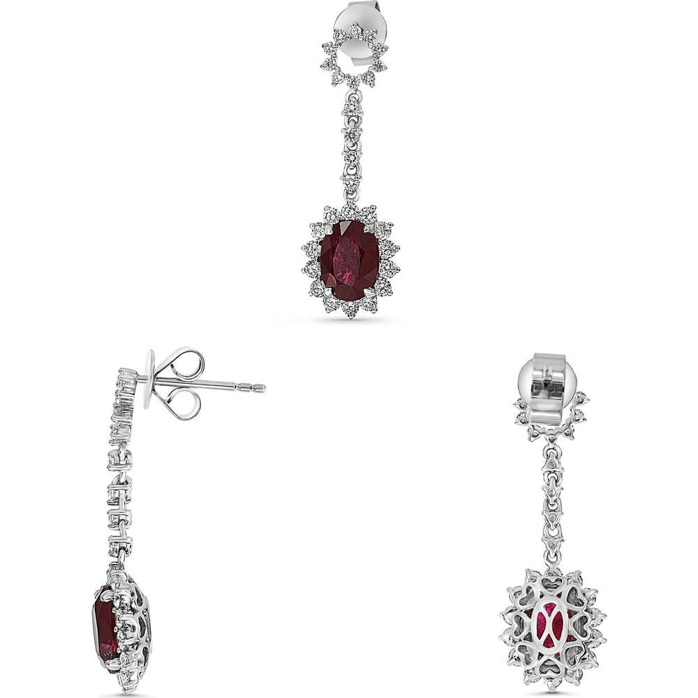 Roman & Jules - 18K White Gold Oval Ruby Earrings with Diamond Halo - 1.89 Carat Ruby, 0.95 Carat Total Diamond Weight