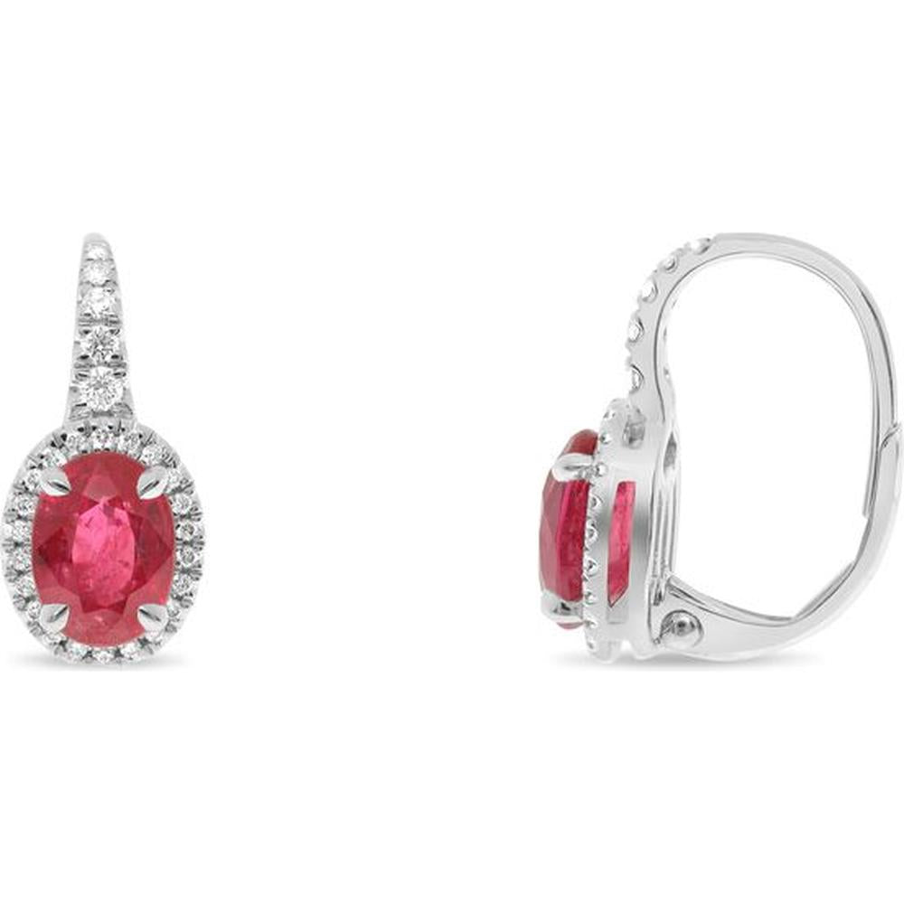 Roman & Jules - 18K White Gold Oval Ruby Earrings with Halo of Round Diamonds - 2.41 Carat Total Ruby Weight