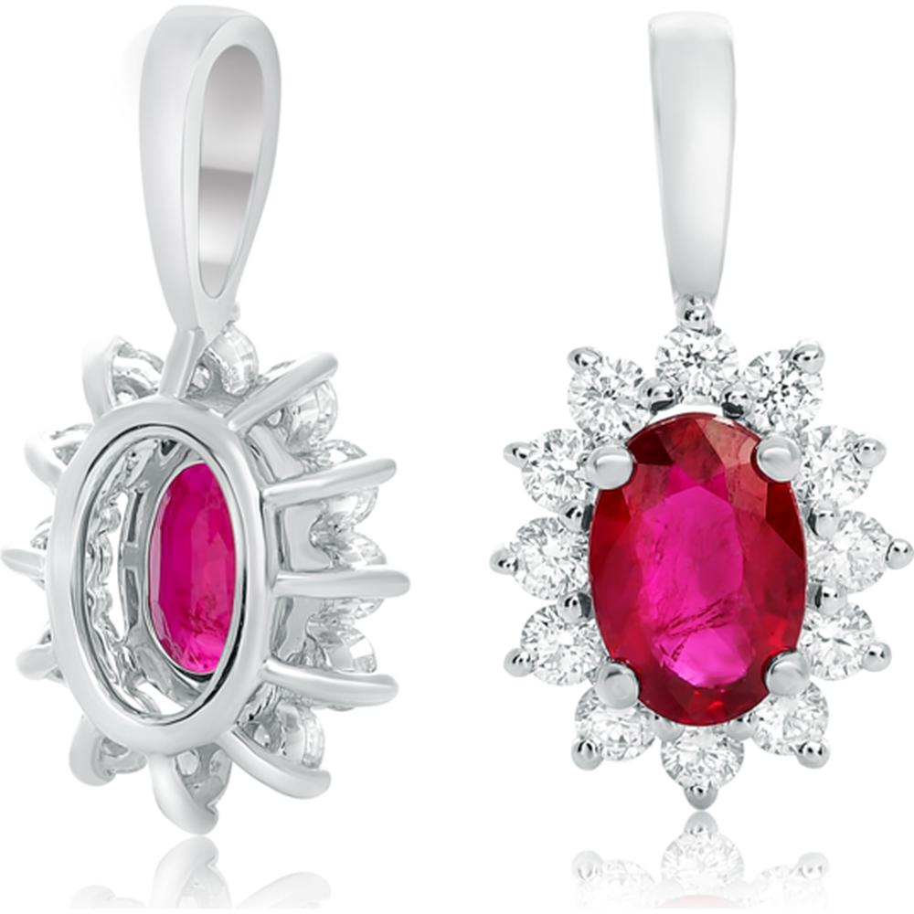 Roman & Jules - 18K White Gold Oval Ruby Halo Pendant with Round Diamonds - 0.50 Carat Total Ruby Weight