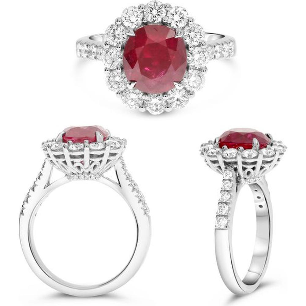 Roman & Jules - 18K White Gold Oval Ruby Halo Ring with 1.16 Carat Round Diamonds - 2.81 Carat Total Ruby Weight
