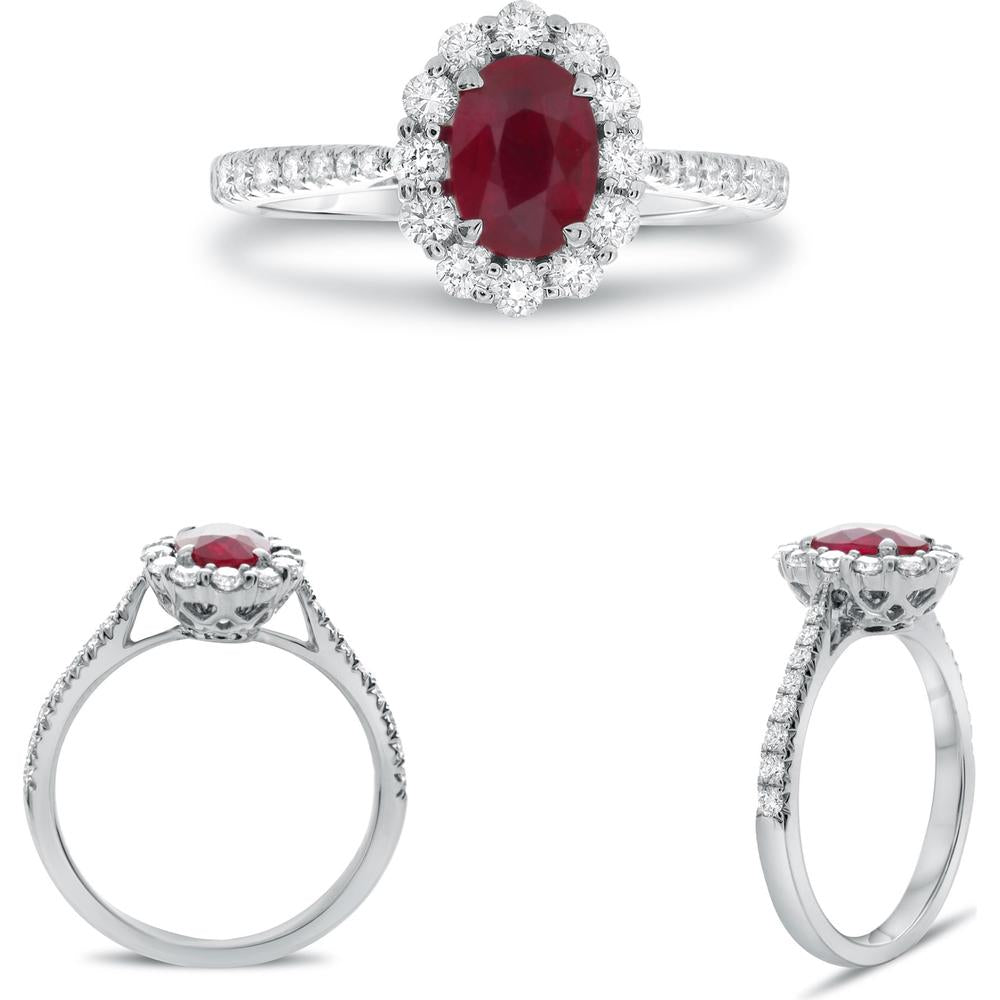 Roman & Jules - 18K White Gold Oval Ruby Halo Ring with Round Diamonds - 0.80 Carat Total Diamond Weight