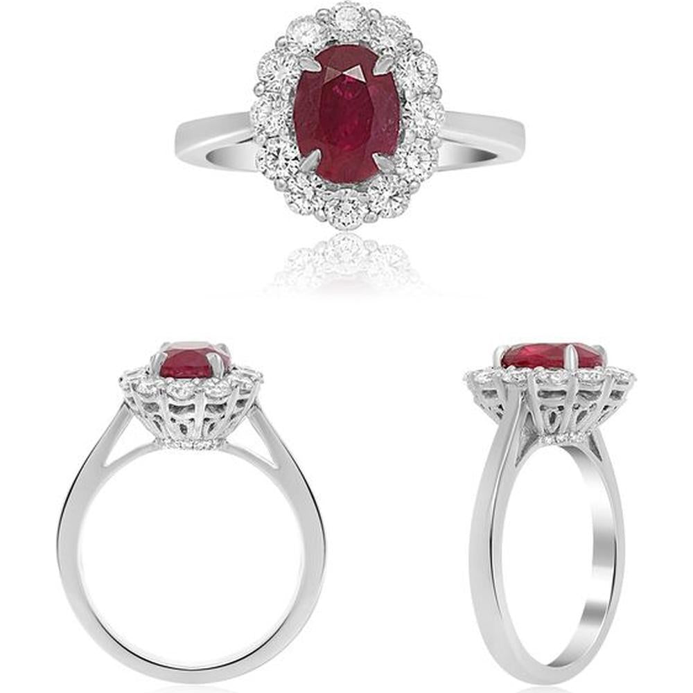 Roman & Jules - 18K White Gold Oval Ruby Halo Ring with Round Diamonds - 1.40 Carat Ruby, 0.65 Carat Total Diamond Weight