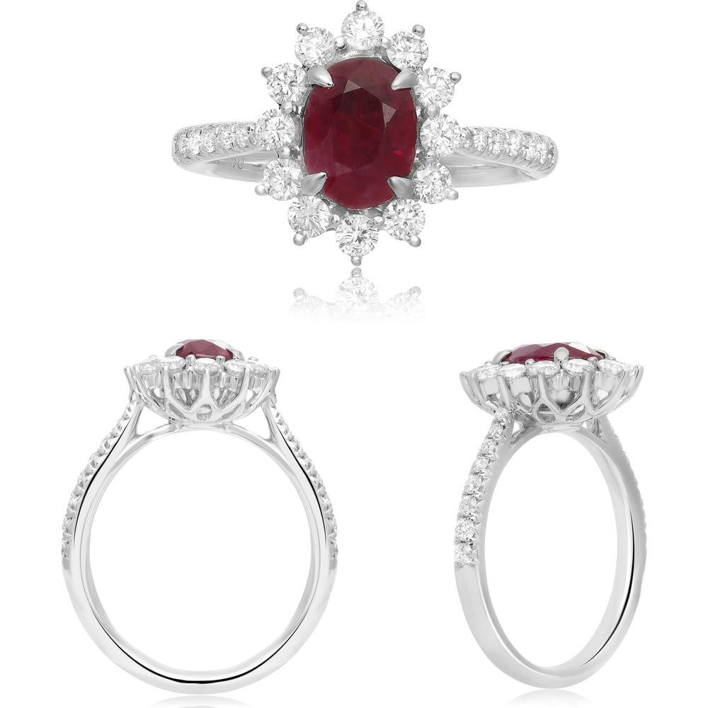 Roman & Jules - 18K White Gold Oval Ruby Halo Ring with Round Diamonds - 1.55 Carat Ruby, 0.75 Carat Diamond Total Weight