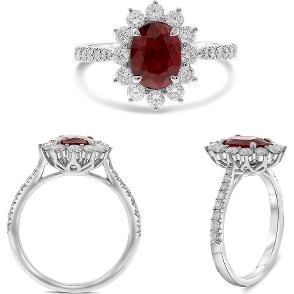 Roman & Jules - 18K White Gold Oval Ruby Halo Ring with Round Diamonds - 1.60 Carat Ruby, 0.76 Carat Total Diamond Weight