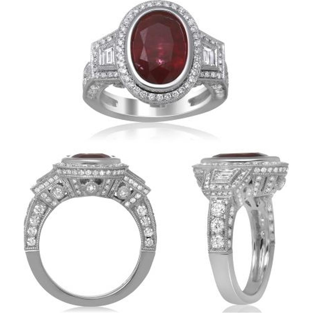 Roman & Jules - 18K White Gold Oval Ruby Halo Ring with Round Diamonds - 5.23 Carat Ruby, 1.20 Carat Total Diamond Weight