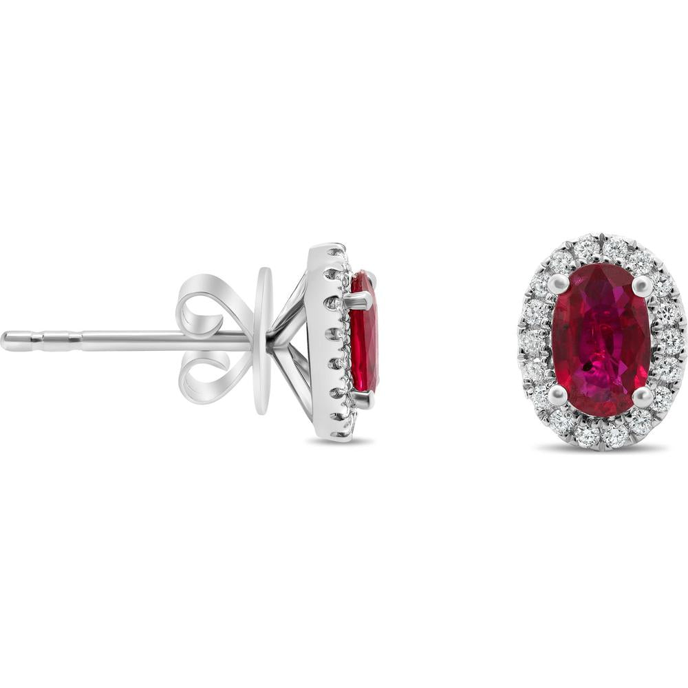 Roman & Jules - 18K White Gold Oval Ruby Halo Stud Earrings with Round Diamonds - 1.78 Carat Total Ruby Weight