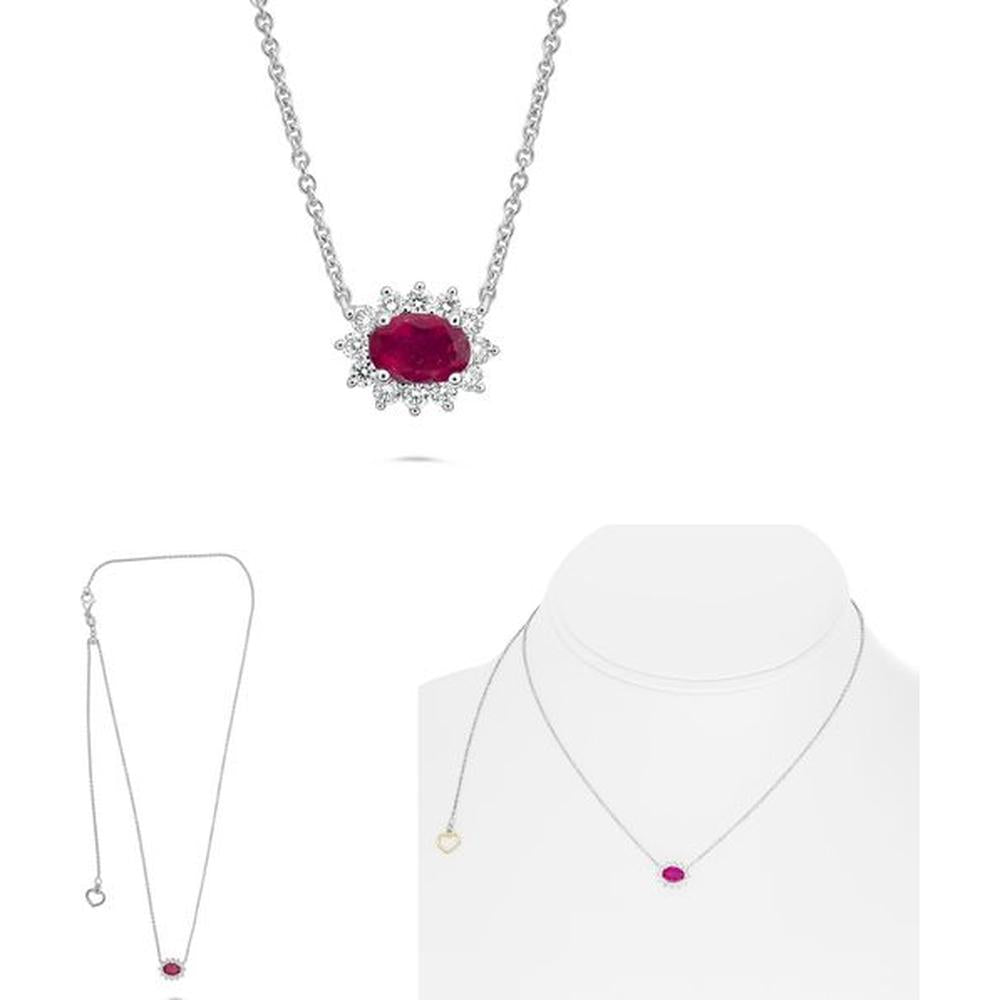 Roman & Jules - 18K White Gold Oval Ruby Necklace with Diamond Halo - 0.50 Carat Ruby, 0.20 Carat Round Diamonds