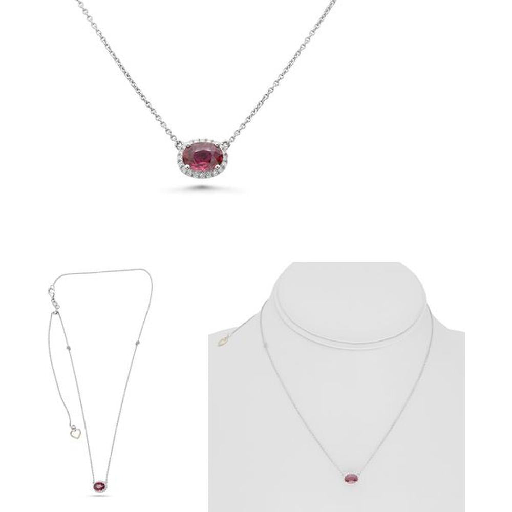 Roman & Jules - 18K White Gold Oval Ruby Necklace with Diamond Halo - 1.20 Carat Ruby, 0.09 Carat Round Diamonds