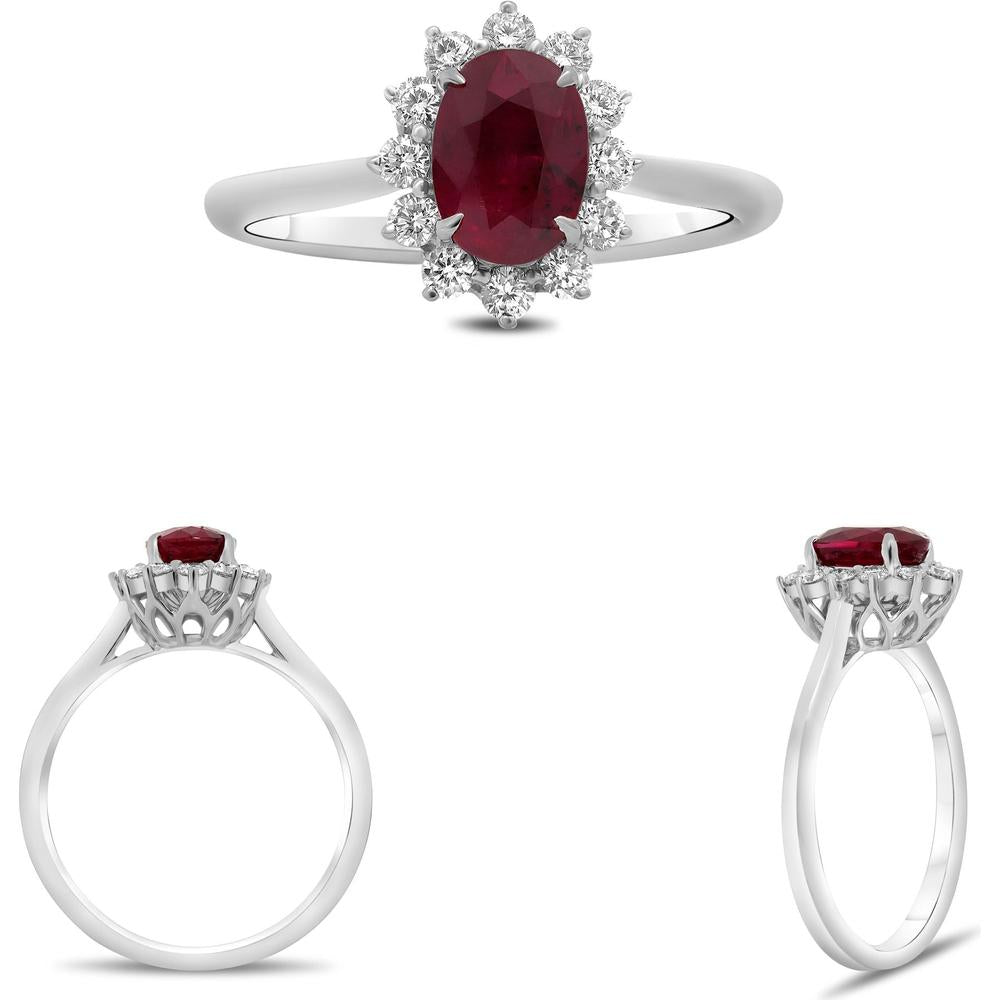 Roman & Jules - 18K White Gold Oval Ruby Ring with Diamond Halo - 1.06 Carat Total Ruby Weight