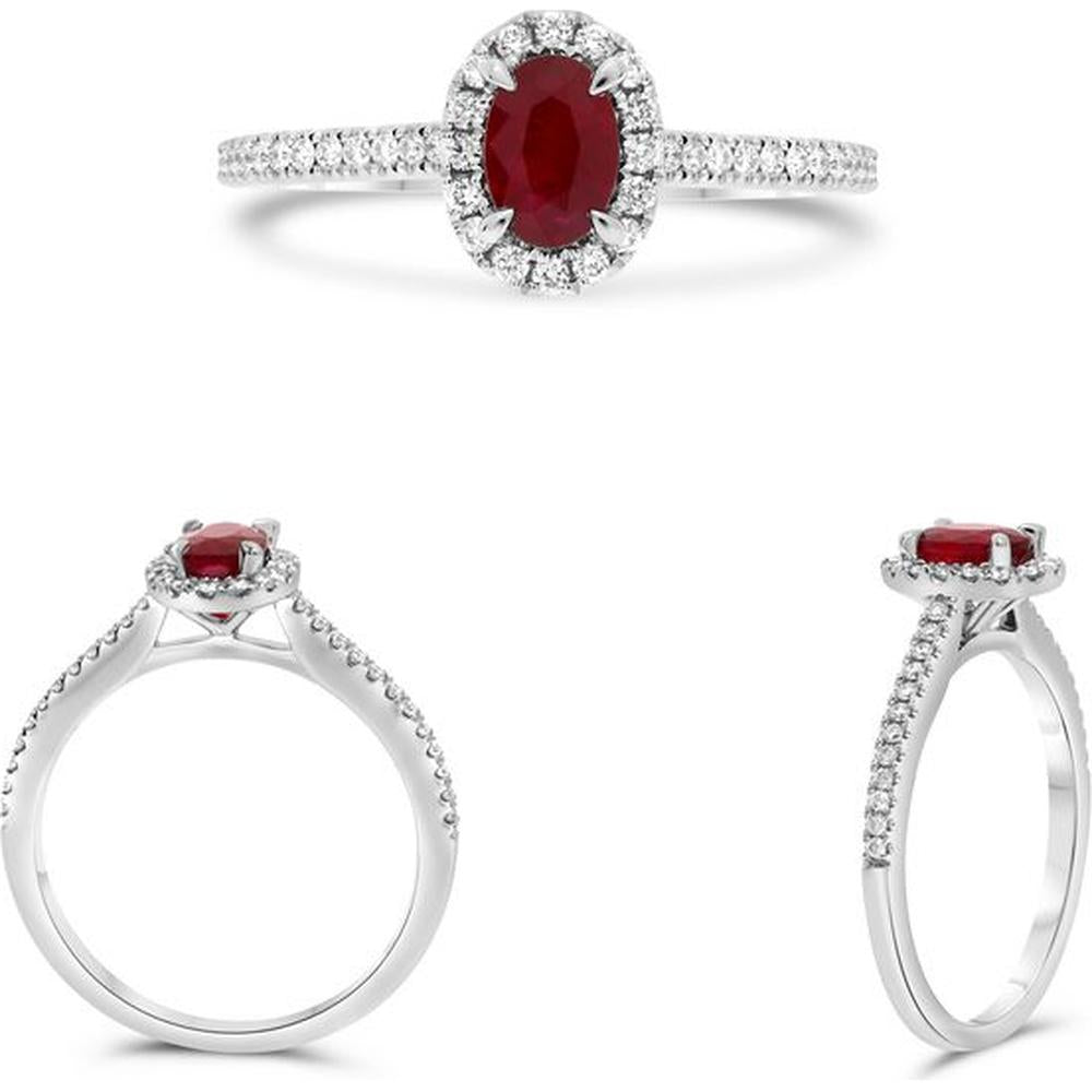 Roman & Jules - 18K White Gold Oval Ruby Ring with Round Diamond Halo - 0.59 Carat Total Diamond Weight