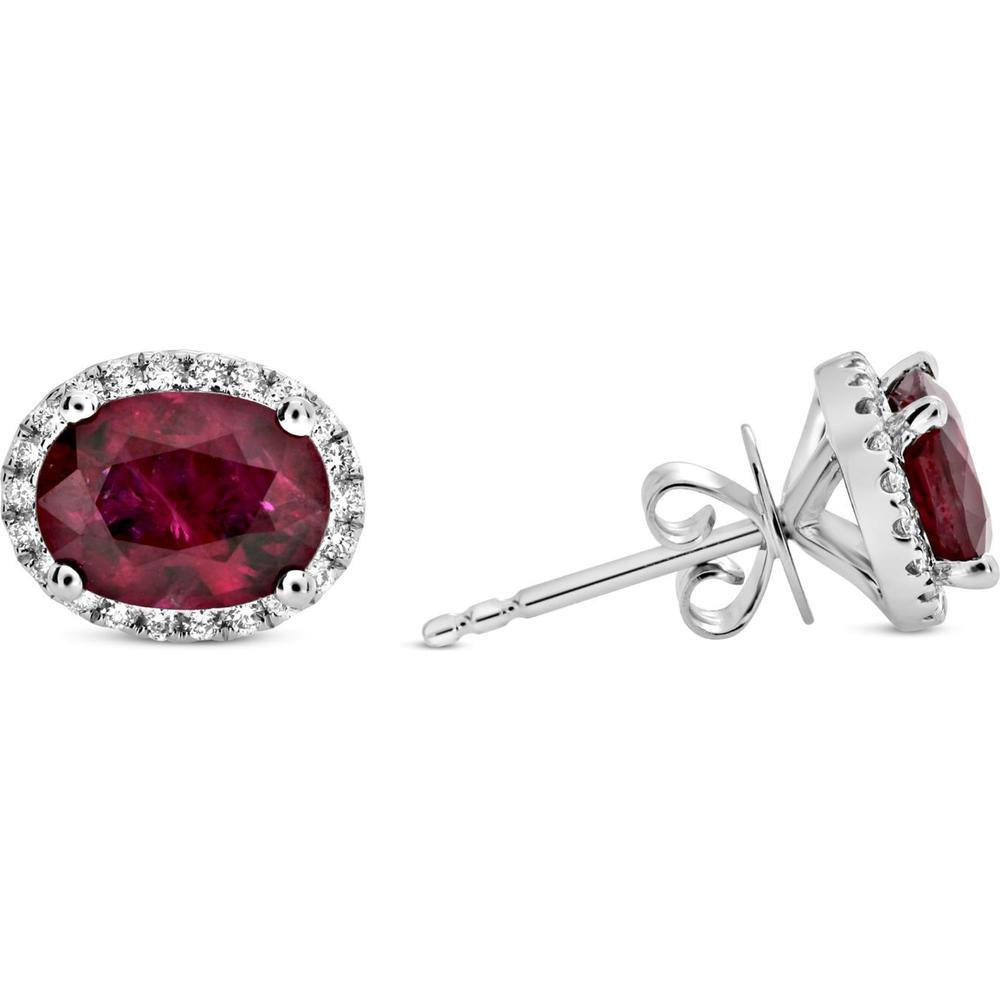 Roman & Jules - 18K White Gold Oval Ruby Stud Earrings with Diamond Halo - 4.44 Carat Total Ruby Weight