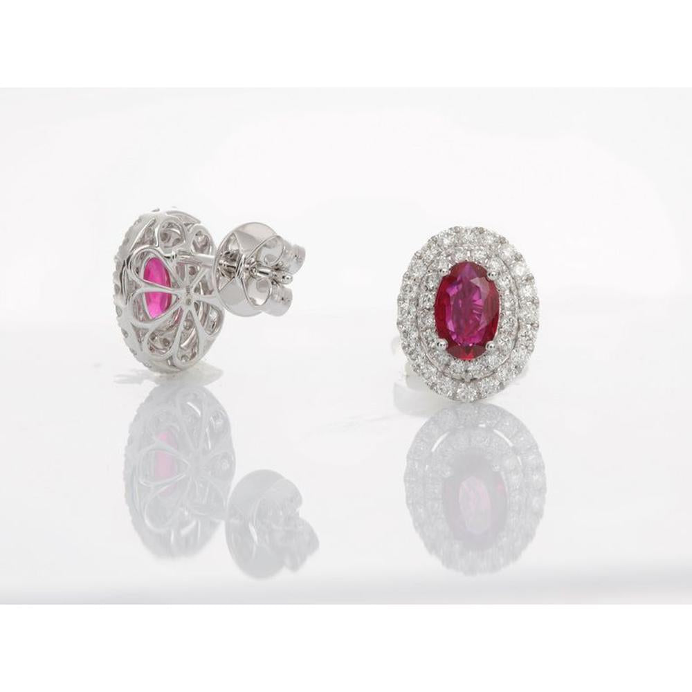 Roman & Jules - 18K White Gold Oval Ruby Stud Earrings with Round Diamond Halo - 1.00 Carat Total Diamond Weight