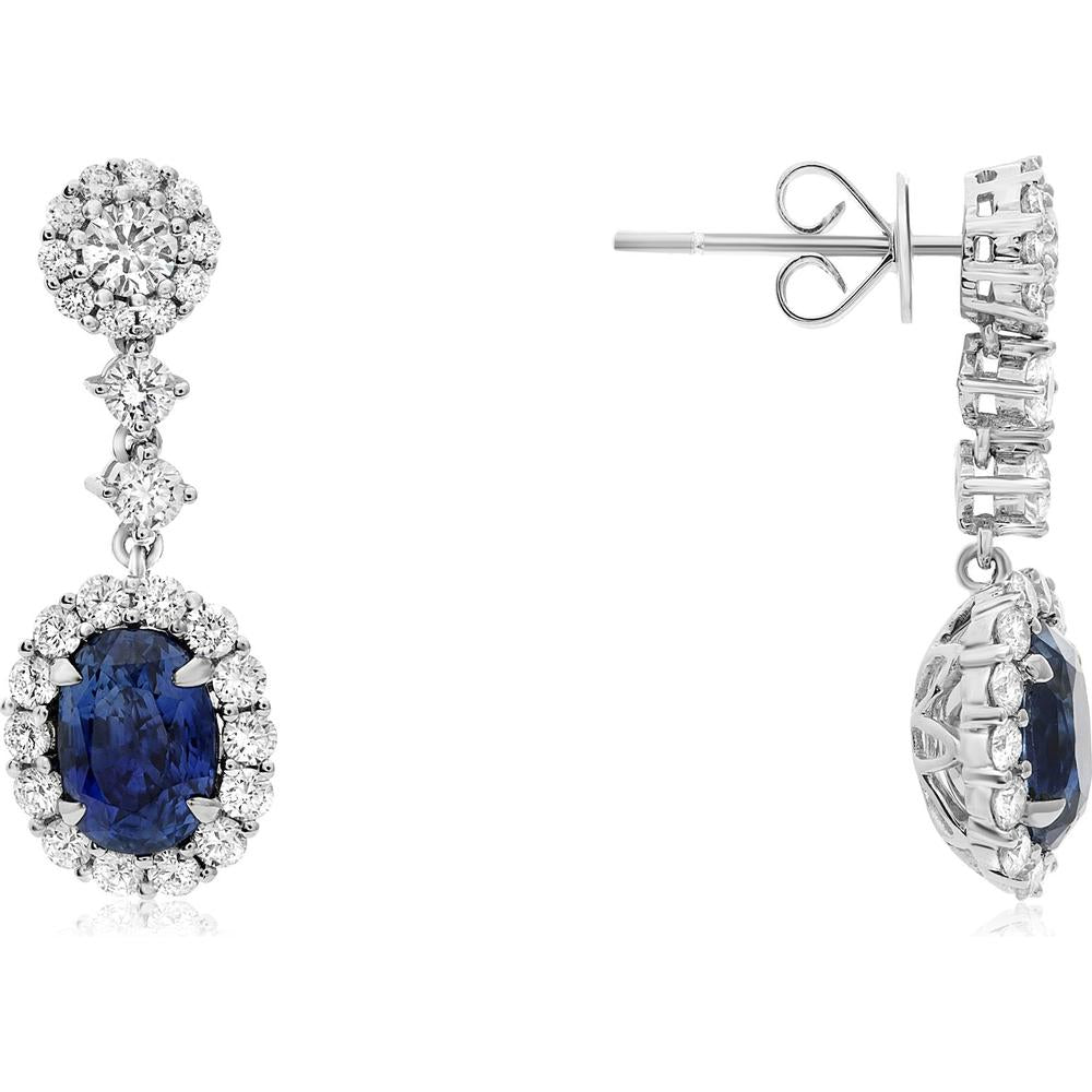 Roman & Jules - 18K White Gold Oval Sapphire and Diamond Halo Drop Earrings - 2.92 Carat Total Sapphire Weight and 0.62 Carat Total Diamond Weight