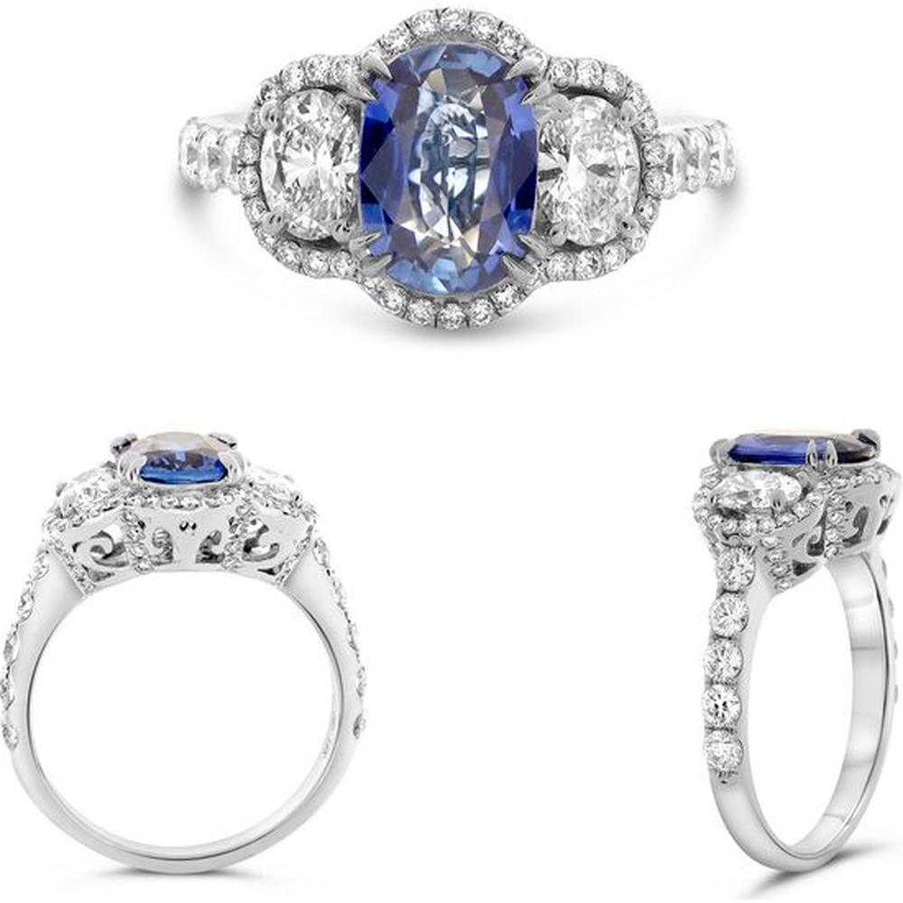Roman & Jules - 18K White Gold Oval Sapphire & Diamond Halo Ring with GIA Certified Sapphire - 2.50 Carat Sapphire, 0.76 Carat Total Diamond Weight