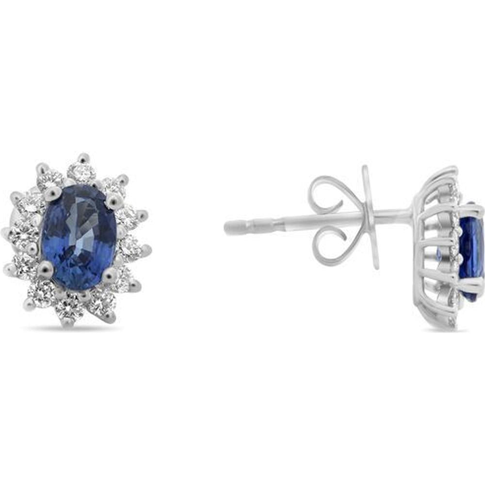 Roman & Jules - 18K White Gold Oval Sapphire and Round Diamond Halo Stud Earrings - 1.00 Carat Sapphire and 0.40 Carat Diamond Total Weight